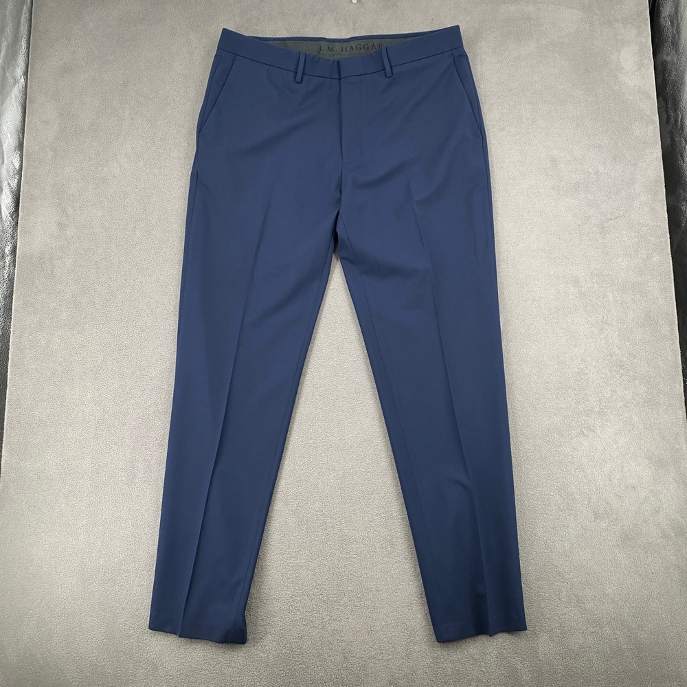 J.M. Haggar Mens 38x32 Slim Fit Navy Blue Flat Front Stretch Dress Pants